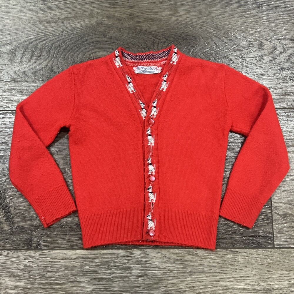Vintage 60s Honeysuckle Orlon Red Button Sweater Dog Prints Kids 1 (8-24 Months)
